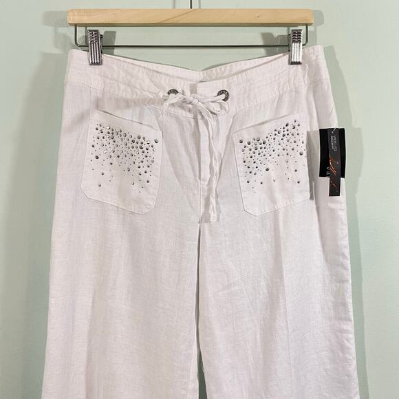 INC International Concepts White Linen Bejeweled Pockets Wide Leg Pant Sz 8 NWT - Picture 2 of 6